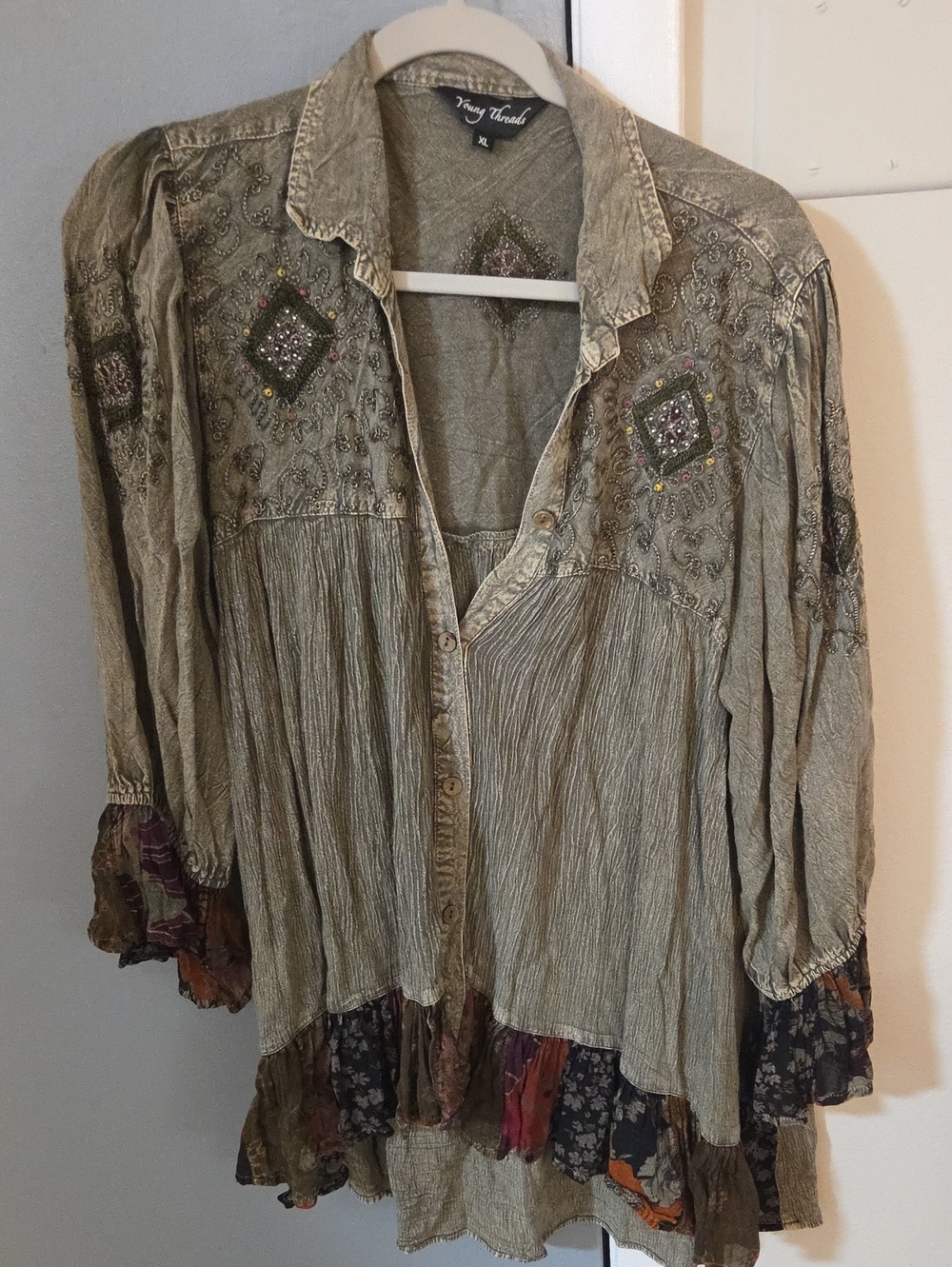 Rayon/cotton blend tunic top, Young Threads, embroidered boho style XL
